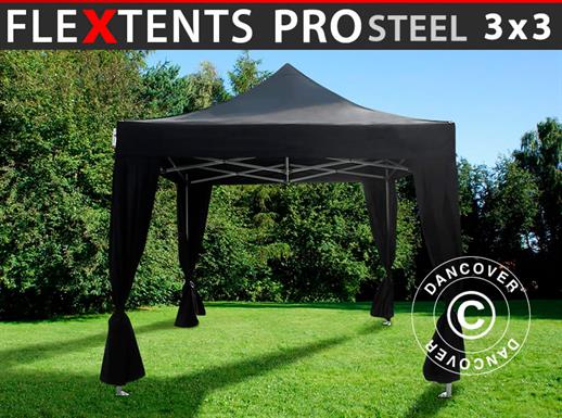 Gazebo pieghevole FleXtents PRO Steel 3x3m Nero, incl. 4 tendaggi decorativi