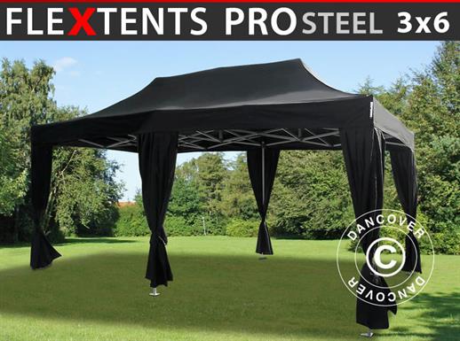 Vouwtent/Easy up tent FleXtents PRO Steel 3x6m Zwart, incl. 6 decoratieve gordijnen