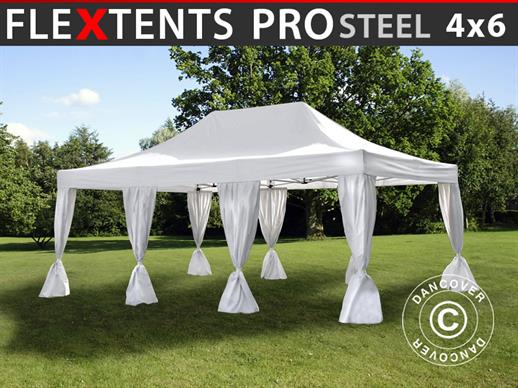 Carpa plegable FleXtents PRO Steel 4x6m Blanco, incl. 8 cortinas decorativas