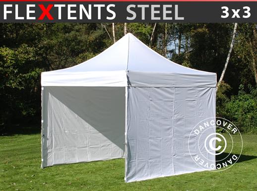 Gazebo pieghevole FleXtents Steel 3x3m Bianco, inclusi 4 fianchi