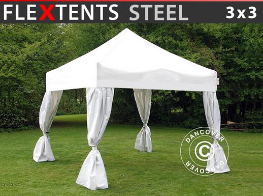 Quick-up telt FleXtents Steel 3x3m Hvit, inkl. 4 dekorative gardiner
