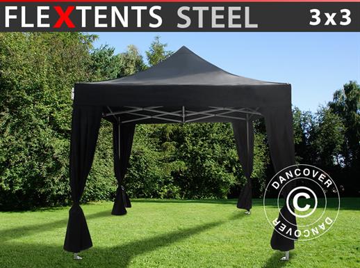 Vouwtent/Easy up tent FleXtents Steel 3x3m Zwart, incl. 4 decoratieve gordijnen