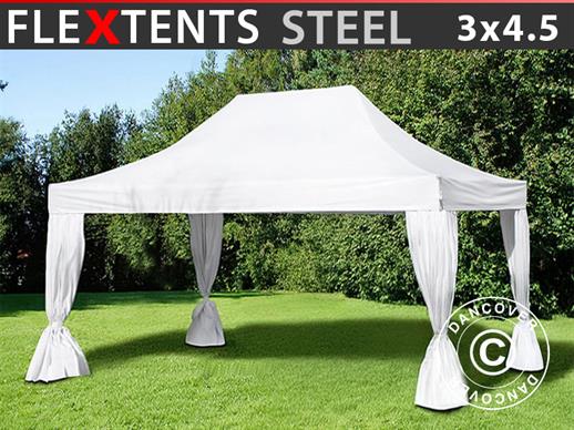 Tente pliante FleXtents Steel 3x4,5m, Blanc, incl. 4 rideaux decoratifs Tente pliante FleXtents Steel 3x4,5m, Blanc, incl. 4 rideaux decoratifs