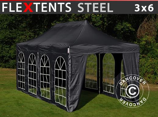 Vouwtent/Easy up tent FleXtents Steel 3x6m Zwart, inkl. 4 Zijwanden