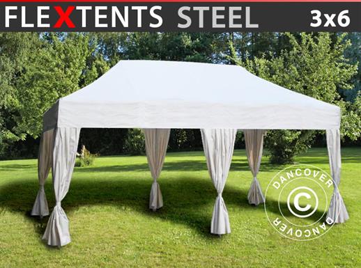 Gazebo pieghevole FleXtents Steel 3x6m Bianco, incl. 6 tendaggi decorativi