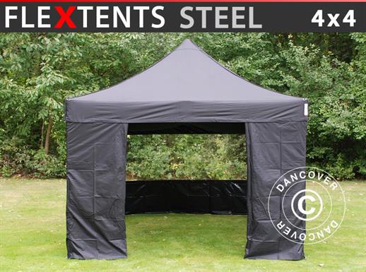 Faltzelt FleXtents Steel 4x4m Schwarz, mit 4 Seitenwänden