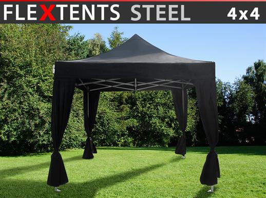 Brzo sklopivi paviljon FleXtents Steel 4x4m Crna, uključ. s 4 lijepim ukrasnim zavjesama