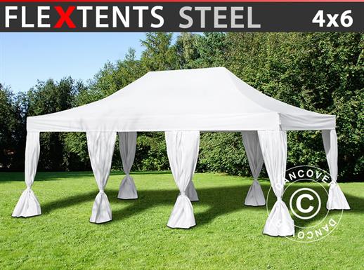 Carpa plegable FleXtents Steel 4x6m Blanco, incl. 8 cortinas decorativas