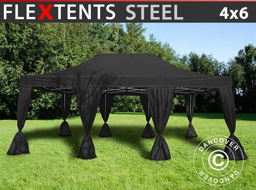 Vouwtent/Easy up tent FleXtents Steel 4x6m Zwart, incl. 8 decoratieve gordijnen