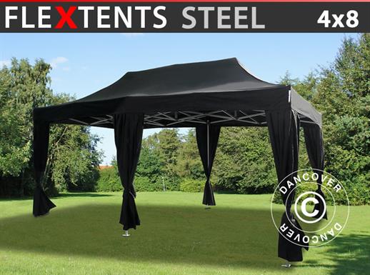 Vouwtent/Easy up tent FleXtents Steel 4x8m Zwart, incl. 6 decoratieve gordijnen