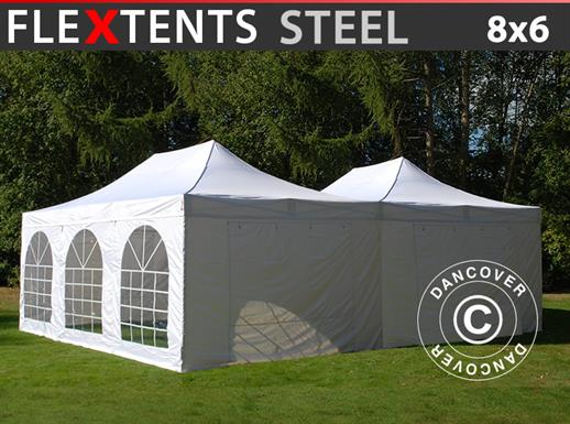 Namiot ekspresowy FleXtents Steel 8x6m Biały, ze 8 ścianami bocznymi