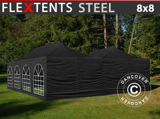 Snabbtält FleXtents Steel 8x8m Svart, inkl. 8 sidoväggar