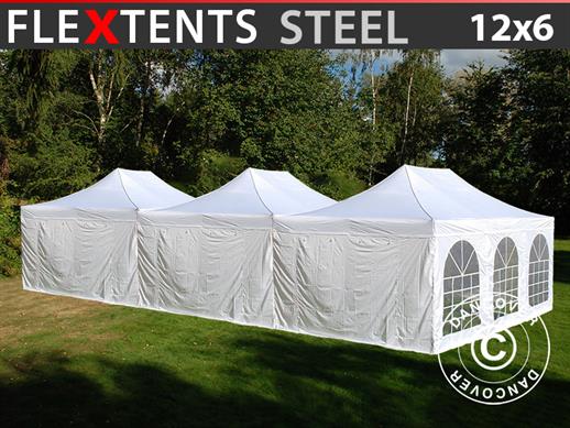 Brzo sklopivi paviljon FleXtents® Steel 12x6m Bijela, uklj. 8 bočnih stranica