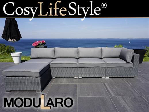 Poly rattan Lounge Sofa II, 5 modules, Modularo, Grey