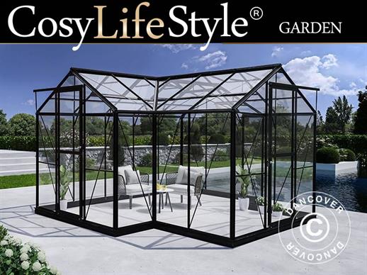 Invernadero orangerie en cristal 11,5m², 3,73x3,73x2,32m con base, Negro