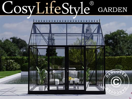 Orangerie/Gewächshaus aus Glas 8,9m², 3,01x2,99x2,95m mit Sockel und Krone, Schwarz
