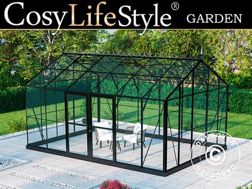 Orangeri/växthus i glas 16,5m², 4,45x3,71x3,16m m/Bas och takdekoration, Svart