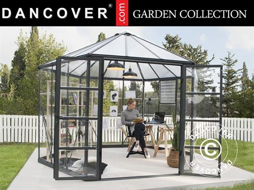 Invernadero orangerie de policarbonato OASIS, hexagonal 8,6m², Palram/Canopia, 3,16x3,63x2,89m, Antracita