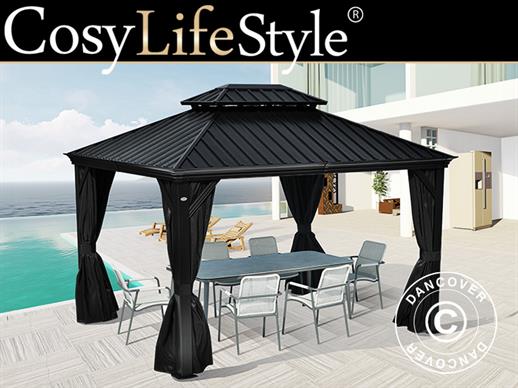 Gazebo Santa Fe con tende e zanzariera, 3x4,25m, Nero