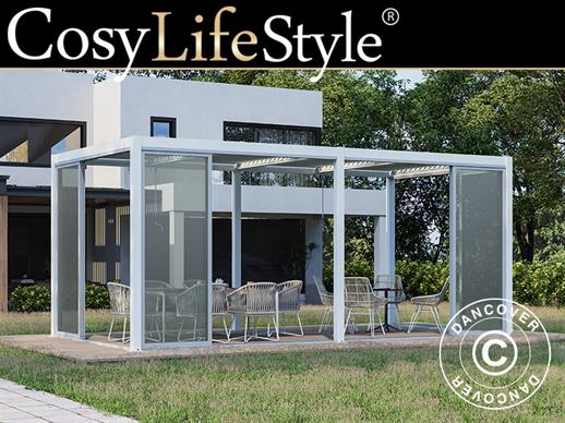 Cenador pérgola bioclimática San Pablo Alu+ con puertas correderas, 3x5,8m, Blanco