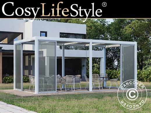 Pergola bioclimatique San Pablo avec portes coulissantes, 3x5,8m, Blanc