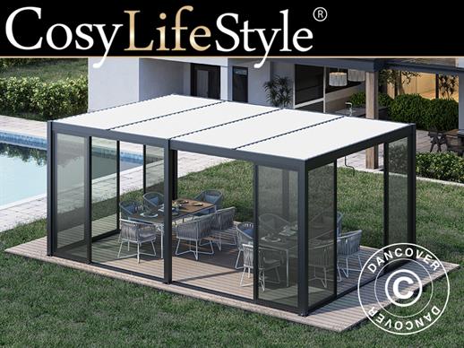 Gazebo pergola bioclimatico San Pablo con porte scorrevoli, 4x5,8m, Nero/Bianco