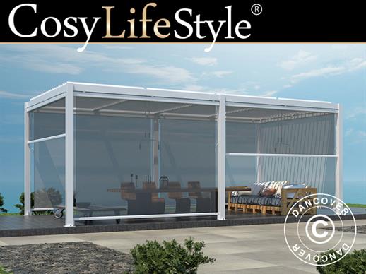 Gazebo bioclimático San Pablo Alu+, 3x5,8m com 6 cortinas laterais, Branco