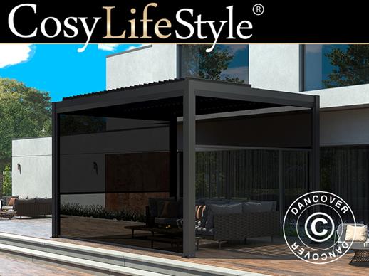 Bioclimatic pergola gazebo San Pablo, 4x4 m w/4 sidewall screens, Black