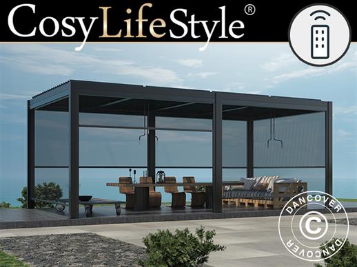 Bioclimatic pergola gazebo San Pablo Alu+, 3x5.8 m w/6 electric sidewall screens, Black