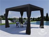 Pergola bioclimatique Monterey avec rideaux et moustiquaire, 3x4m, Noir