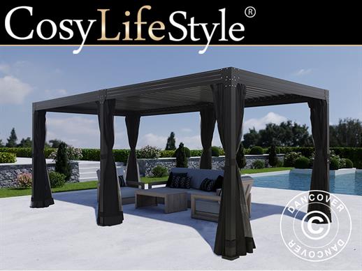 Bioklimatischer Pergola-Pavillon Monterey mit Vorhängen und Moskitonetz, 3x6m, Schwarz