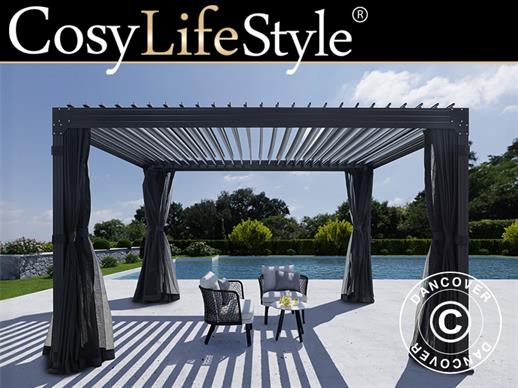 Pavilhão pergola bioclimático Monterey, 4x4m, c/cortinas e rede mosquiteira, Preto