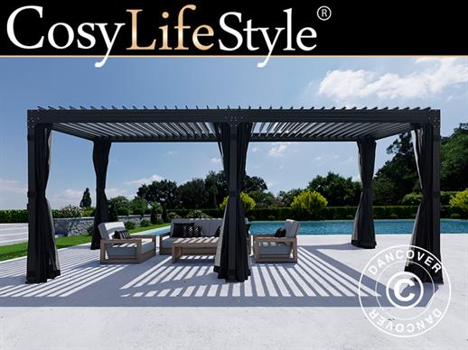 Cenador pérgola bioclimática Monterey, 4x6m, con cortinas y mosquitera, Negro