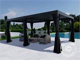 Cenador pérgola bioclimática Monterey, 4x6m, con cortinas y mosquitera, Negro
