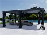 Cenador pérgola bioclimática Monterey, 4x6m, con cortinas y mosquitera, Negro