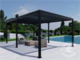 Cenador pérgola bioclimática Monterey, 4x6m, con cortinas y mosquitera, Negro