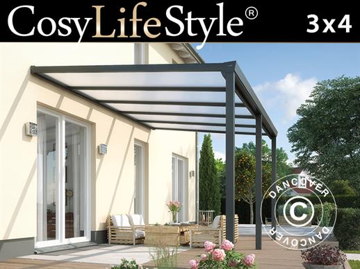 Tonnelle adossée Easy avec toit en polycarbonate, 3x4m, Anthracite