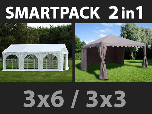 Solution SmartPack 2 en 1: Tente de réception Original 3x6m, Blanc/tonnelle 3x3m, sable