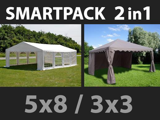 SmartPack Soluzione 2-in-1: Tendone per feste Original 5x8m, Bianco/Gazebo 3x3m, Sabbia
