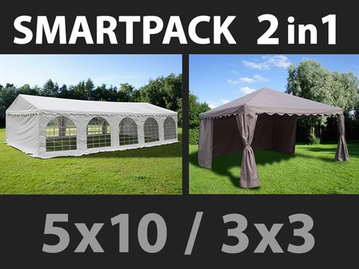 SmartPack Soluzione 2-in-1: Tendone per feste Original 5x10m, Bianco/Gazebo 3x3m, Sabbia
