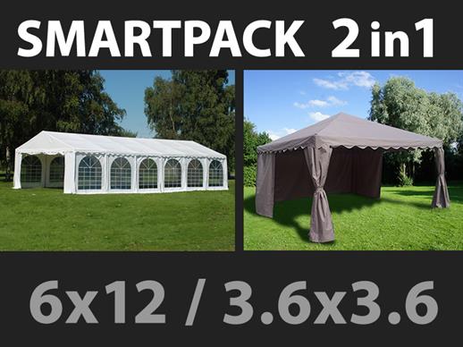 SmartPack Soluzione 2-in-1: Tendone per feste Exclusive 6x12m, Bianco/Gazebo 3,6x3,6m, Sabbia