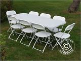Party package, 1 folding table PRO (182 cm) + 8 chairs & 8 Seat cushions, Light grey/White