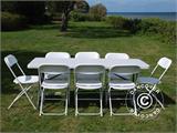 Parti forfait, 1 table pliante PRO (182cm) + 8 chaises pliantes & 8 Coussins pour sièges, Gris clair/Blanc