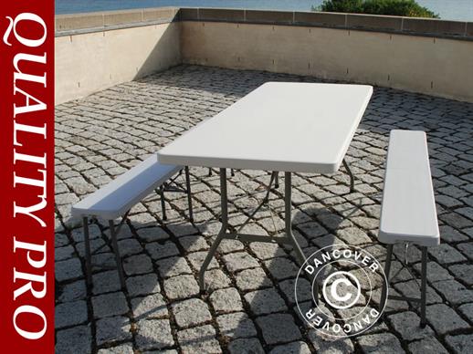 Ensemble table et bancs de brasserie, 1 table pliante PRO (182cm) + 2 bancs pliantes (183cm), Gris clair
