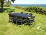 Conjunto para fiestas, 1 mesa plegable con aspecto mimbre PRO (182cm) + 8 sillas con aspecto mimbre, Negro
