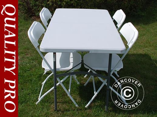 Conjunto para fiesta, 1 mesa plegable (150 cm) + 4 sillas, Gris claro/Blanco
