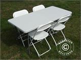 Parti forfait, 1 table pliante (150 cm) + 4 chaises pliantes, Gris clair/Blanc