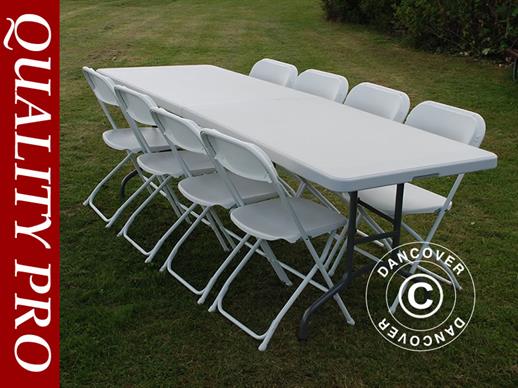 Pacchetto Party, 1 tavolo pieghevole PRO (242cm) + 8 sedie, Grigio chiaro/Bianco