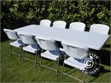 Parti forfait, 1 table pliante PRO (242cm) + 8 chaises pliantes, Gris clair/Blanc