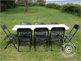 Conjunto para fiesta, 1 mesa plegable PRO (182cm) + 8 sillas, Gris claro/Negro